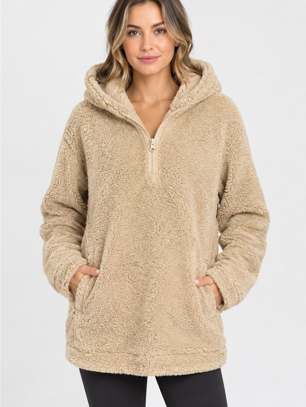 Koolaburra by UGG Women’s Tan Sherpa Hoodie Jacket 1/4 Zip